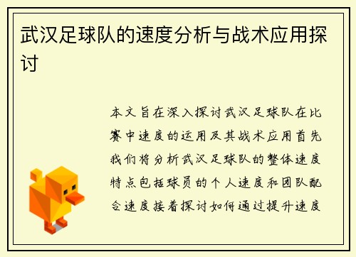 武汉足球队的速度分析与战术应用探讨